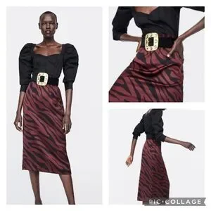 Zara Burgundy Satin Animal Print Midi Pencil Skirt Size Small